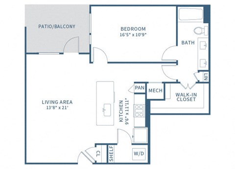 Floor plan for 1 bed, 1 bath, 909 sqft